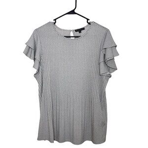 ADRIANNA PAPELL Stretchy Knit White Black Dot Print Flutter Sleeve Pleated Top L
